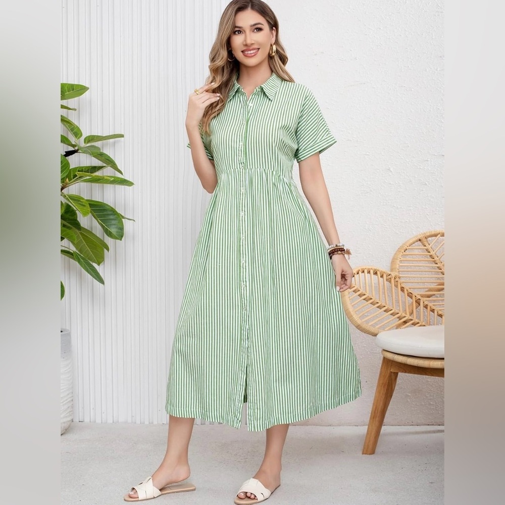 ebossy Boho Striped Button Up Side Slit Mid Long Cotton Shirt Dress with Pockets - Picture 2 of 16